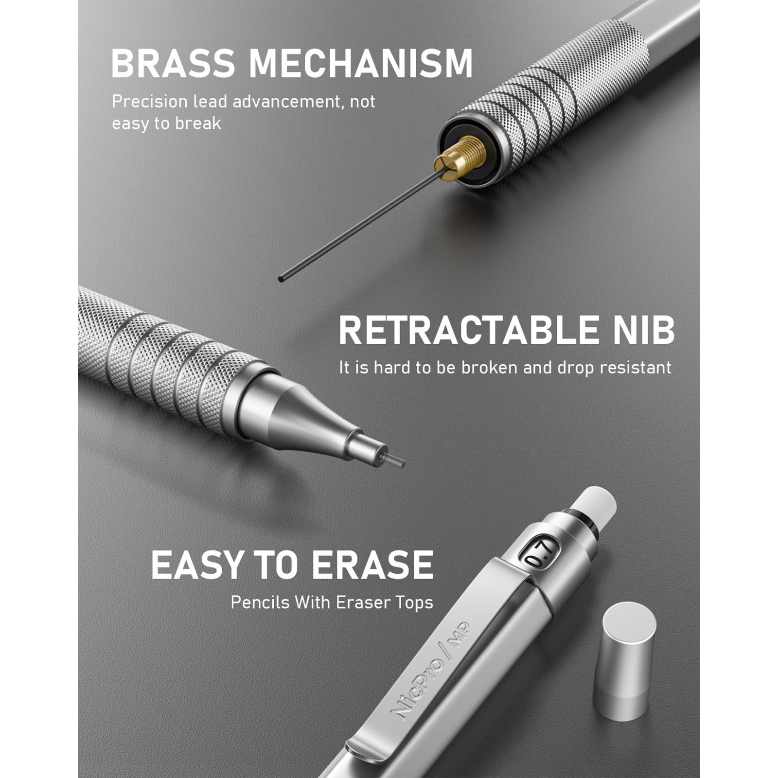 Nicpro 0.7 Metal Mechanical Pencil Set with Case, 3PCS MP1000 MM, Silver
