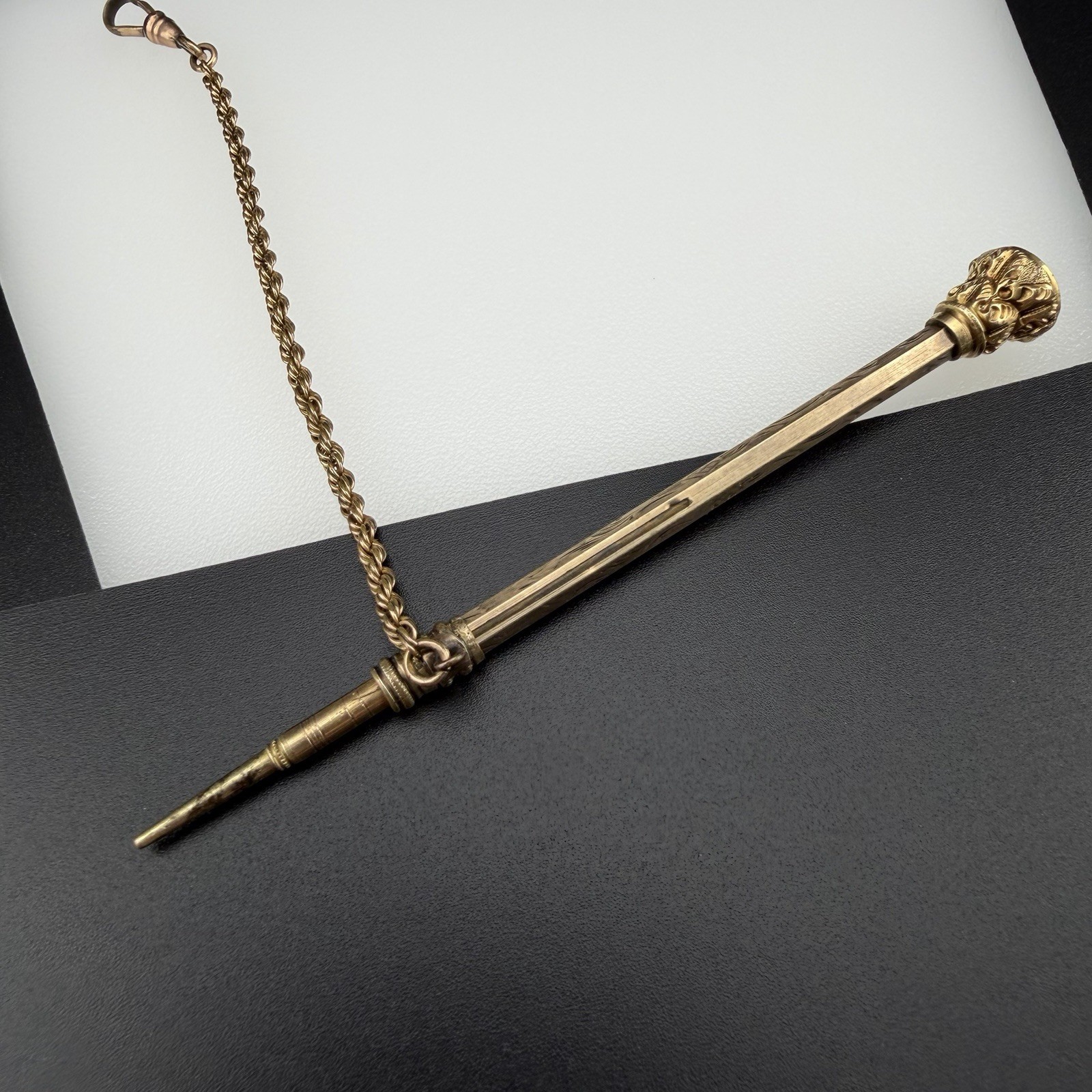 Victorian Gold Filled 3 7/8″ Telescoping Pencil Watch Fob w/ Chain & White Stone