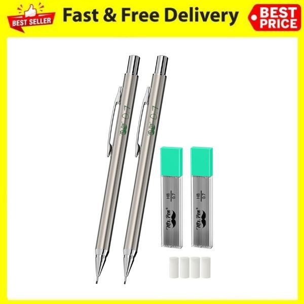 Mr Pen Mechanical Pencil Set 0.7mm 2 Pack HB Lead Refills Erasers Drawing