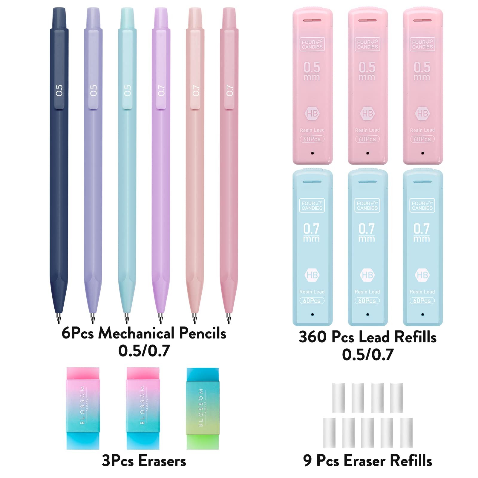 Four Candies Cute Mechanical Pencil Set, 6PCS 6 Count (Pack of 1), Multicolor