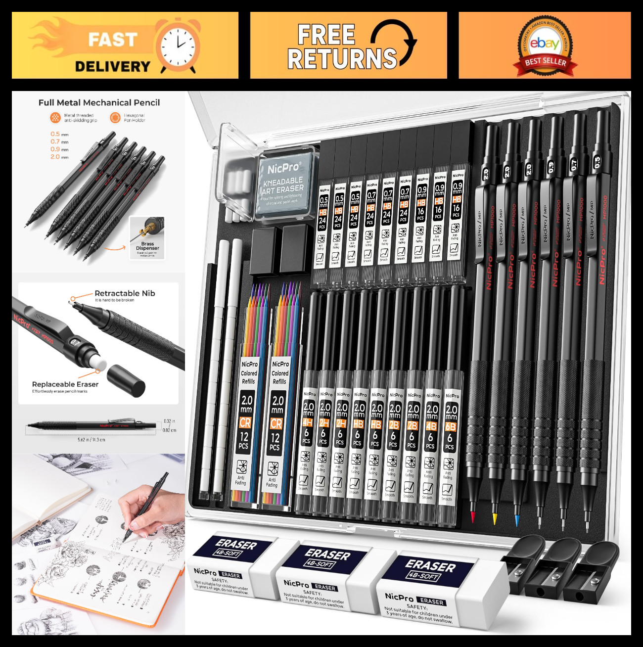 35PCS Mechanical Pencils Set with Case – 0.5, 0.7, 0.9mm & 2mm Graphite Lead Hol