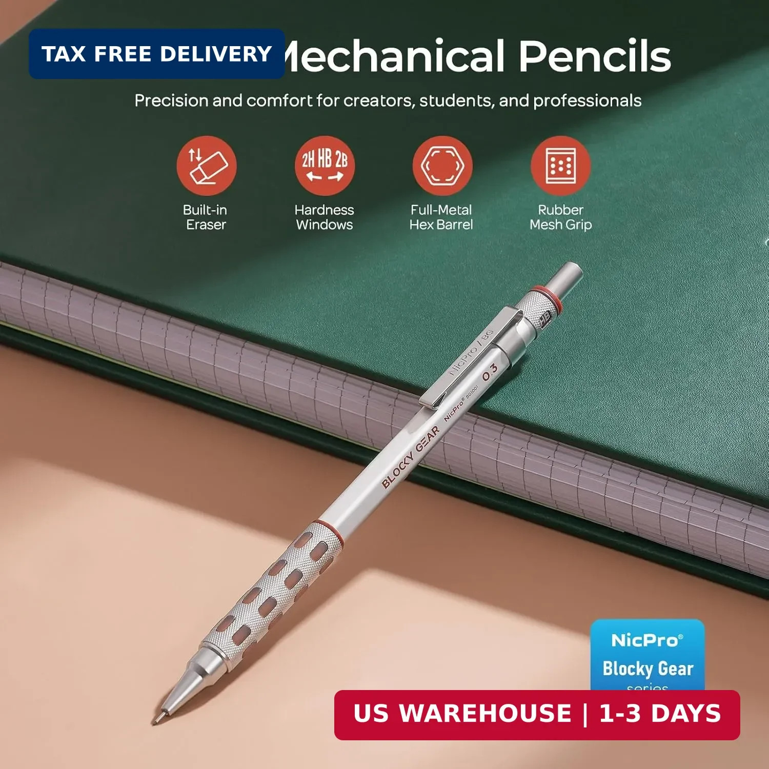 Nicpro Blocky Gear 0.3 mm Mechanical Pencils Set in Case, Metal Pencil with 120