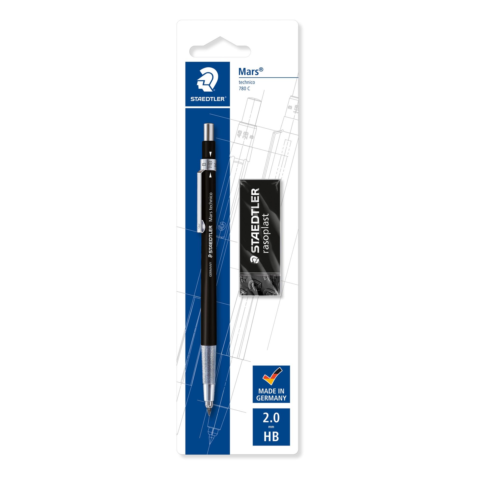 Mars Technico 780 C Mechanical Pencil 2Mm Hb Lead Black Barrel With Eraser