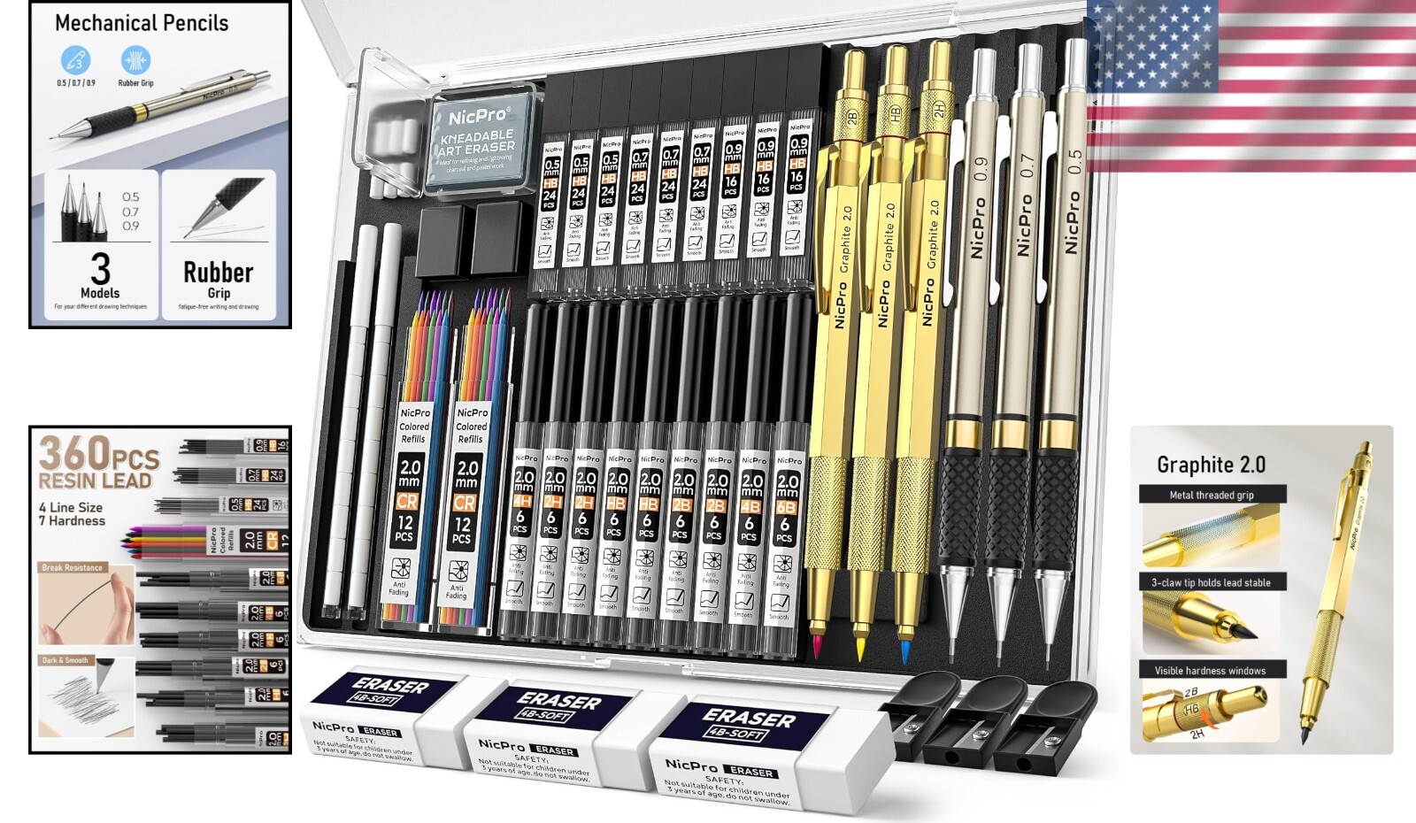 35PCS Art Mechanical Pencils Set, 3 PCS Metal Drafting Pencil 0.5 mm & 0.7 mm &