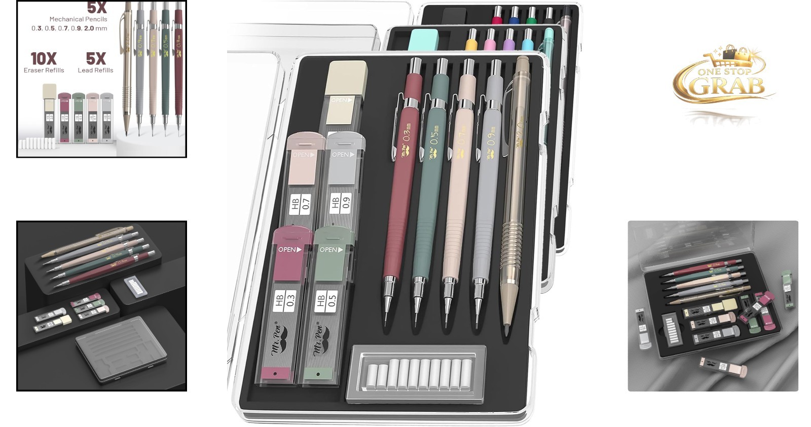 Vintage Mechanical Pencil Set 5 Sizes with Leads Erasers for Drawing & Drafting