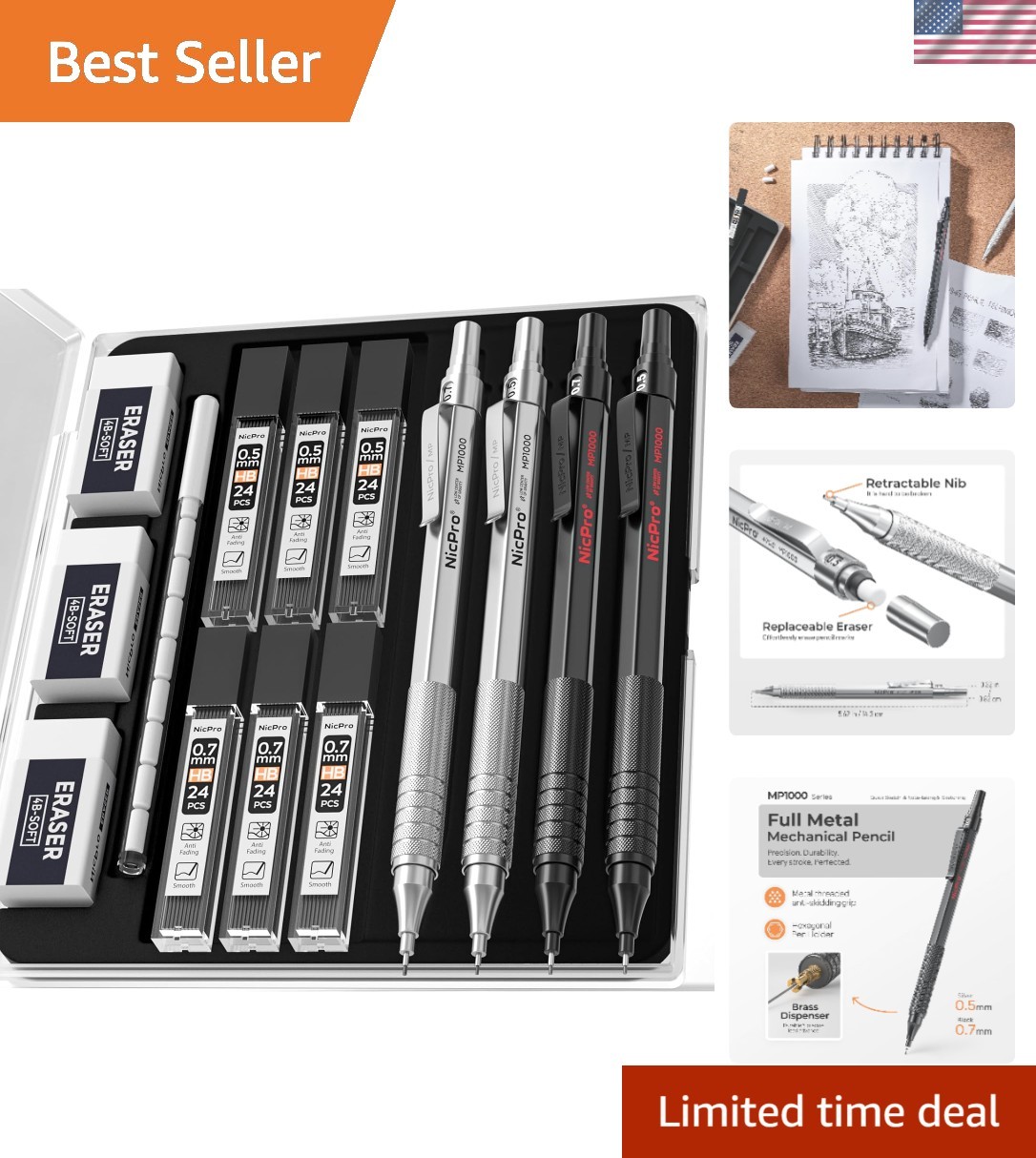 4-Piece Metal Mechanical Pencil Set 0.5mm & 0.7mm for Artists – Includes Case