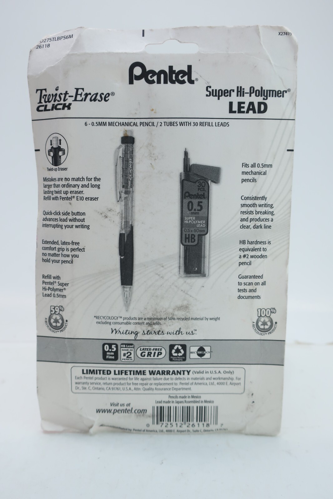 Pentel 26118 Twist Erase 0.5 mm Fine Click Mechanical Pencil w/ Refill Pack of 6