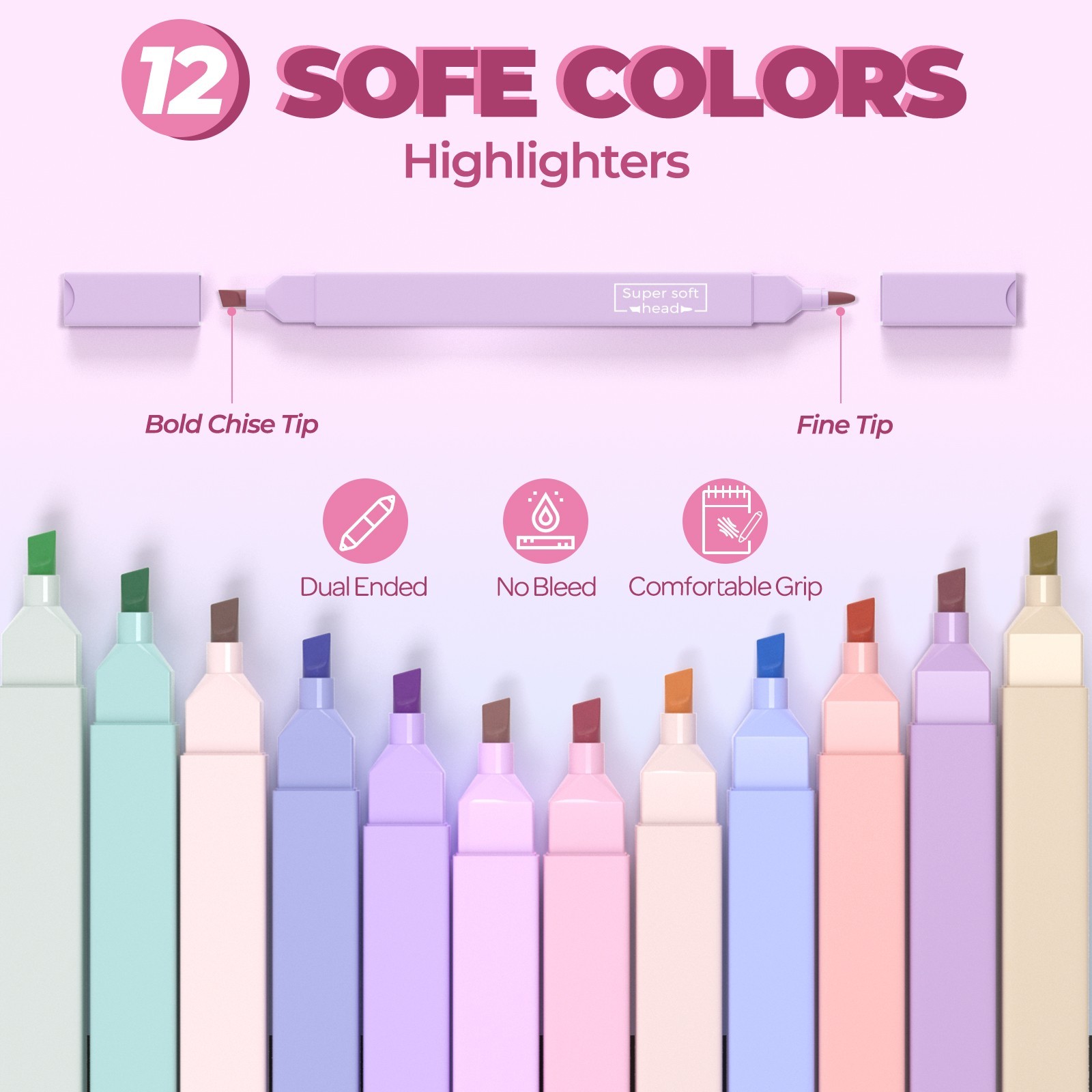 Nicpro 52PCS Aesthetic School Supplies, Cute Pencil Case, 12 Pastel Highlighters