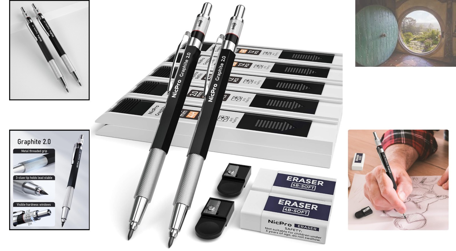 Artisan 2mm Mechanical Pencils Set with 120 Break-Resistant Graphite Refill