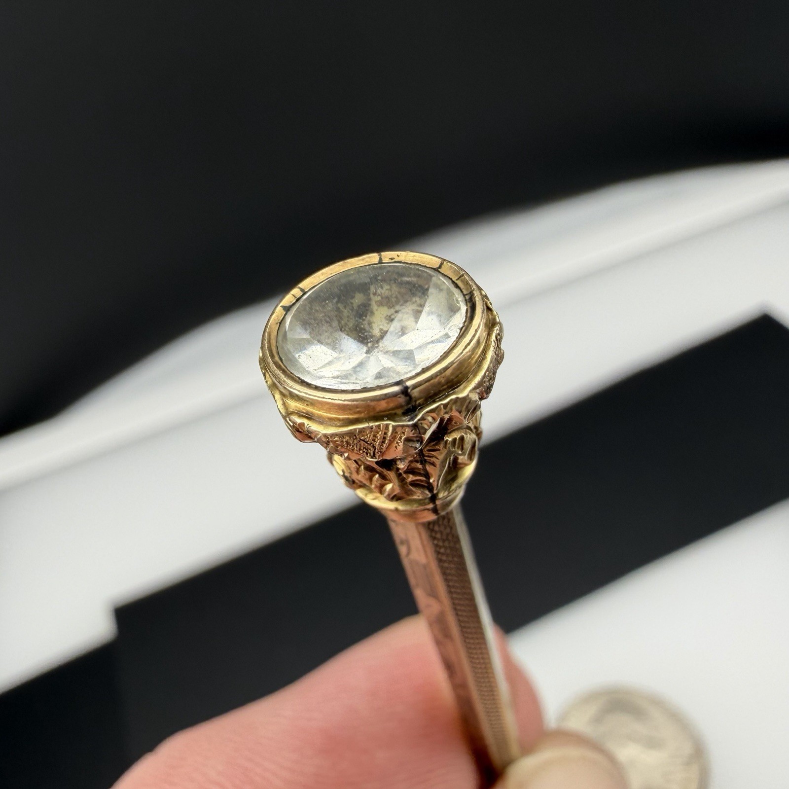 Victorian Gold Filled 3 7/8″ Telescoping Pencil Watch Fob w/ Chain & White Stone