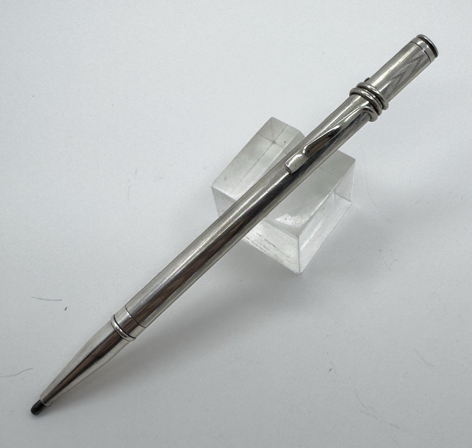 Unmarked Sterling Silver Engine Turned Mechanical Pencil w/ Coil Clip – Working