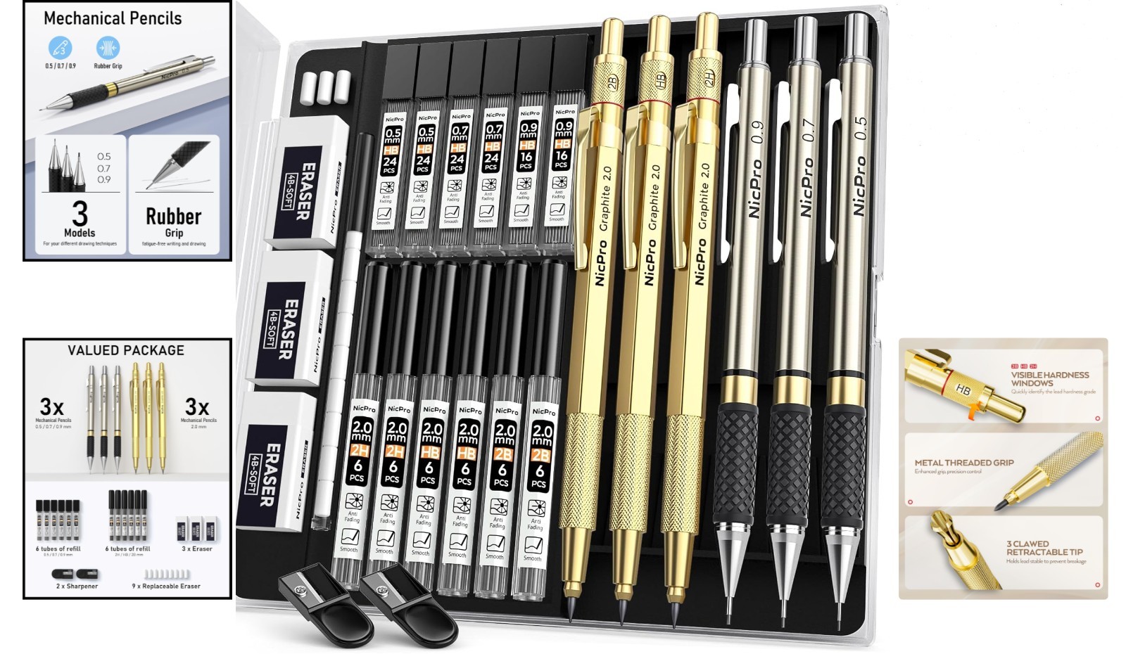 Gold Art Mechanical Pencil Set 0.5-2mm Lead Refills Sketching Drawing Drawing