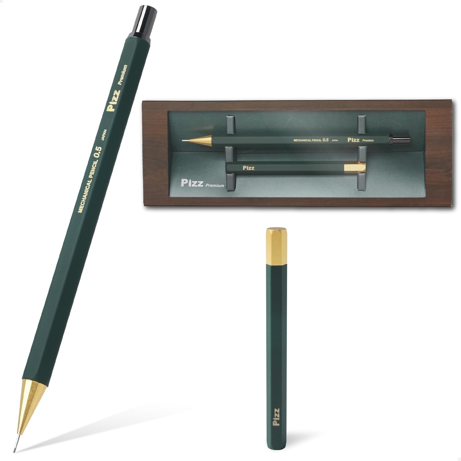 Pizz Premium Brass Mechanical Pencil 0.5mm & Lead Case Set – Deep Green – Japan