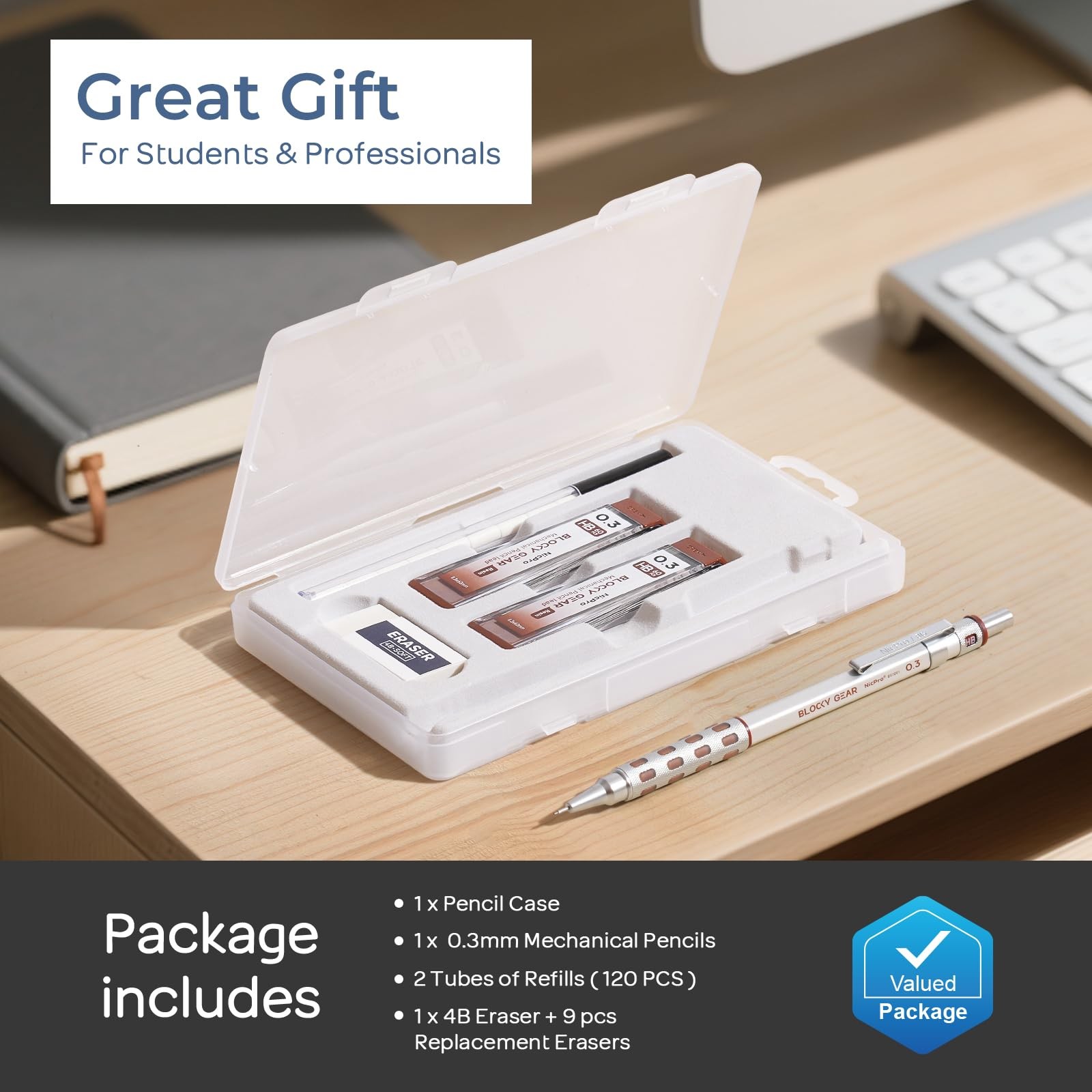 Nicpro Blocky Gear 0.3 mm Mechanical Pencils Set in Case, Metal mm, Black
