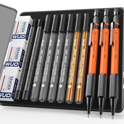 1.3mm Mechanical Pencil Set with 72 Lead Refill, 3 Eraser, 20 3 Pack (Orange)