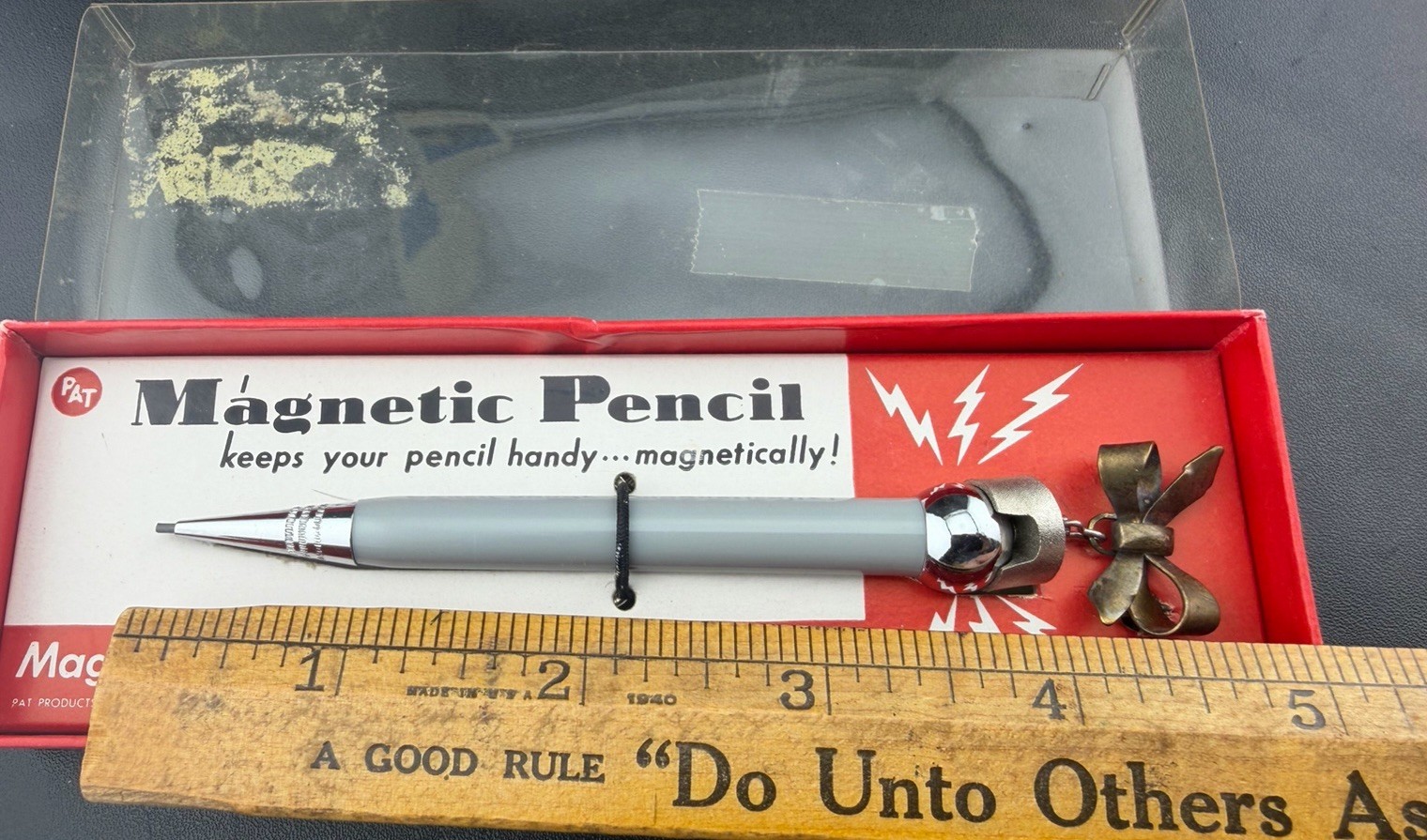 Vintage PAT Magnetic Mechanical Pencil Desk Clip Holder With Box