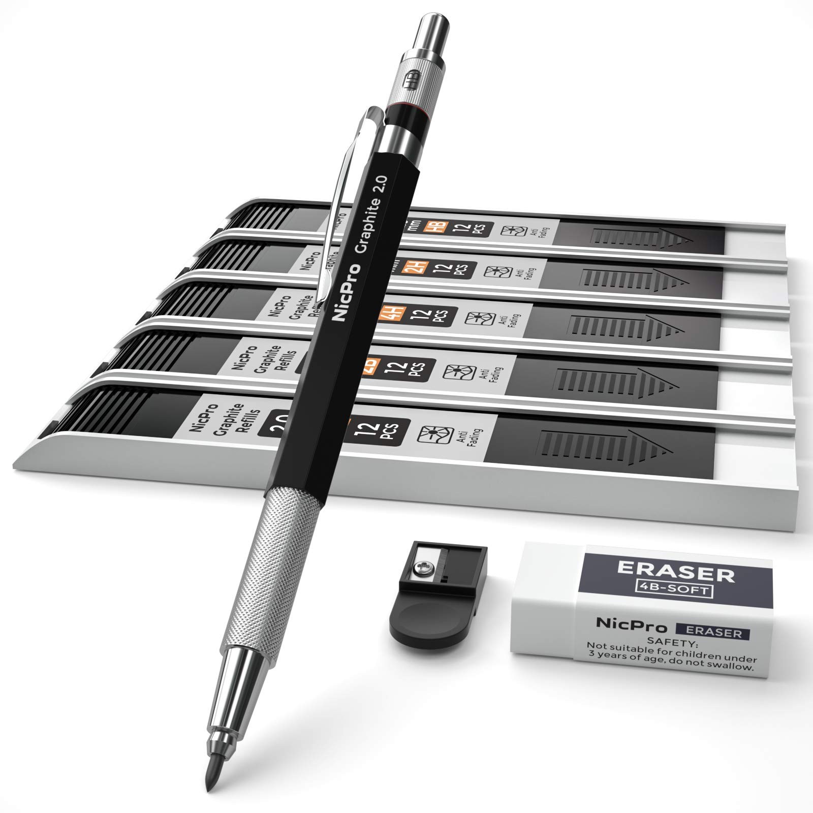 Nicpro 2.0 mm Mechanical Pencil Set, Artist Metal 1 Count (Pack of 1), Black