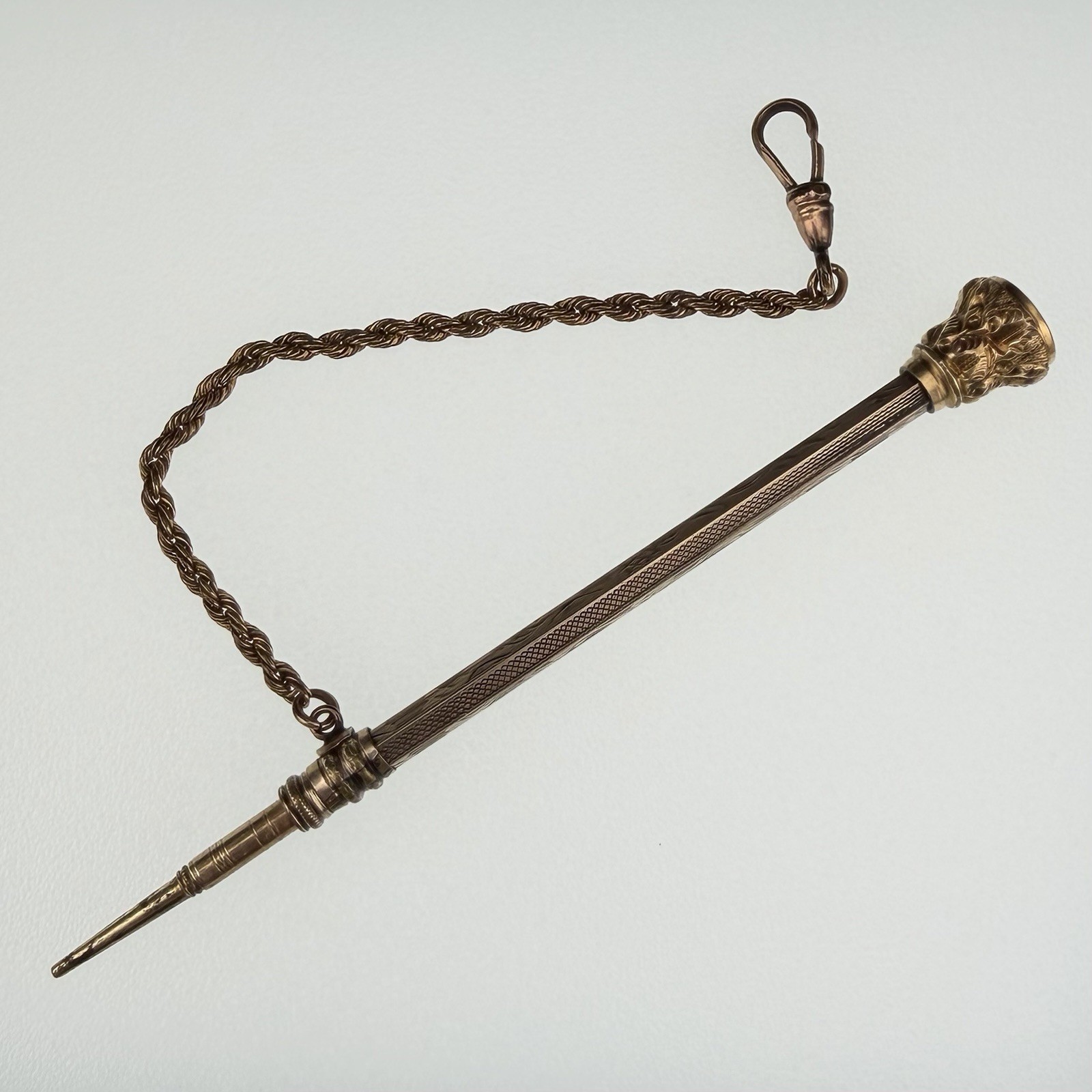 Victorian Gold Filled 3 7/8″ Telescoping Pencil Watch Fob w/ Chain & White Stone