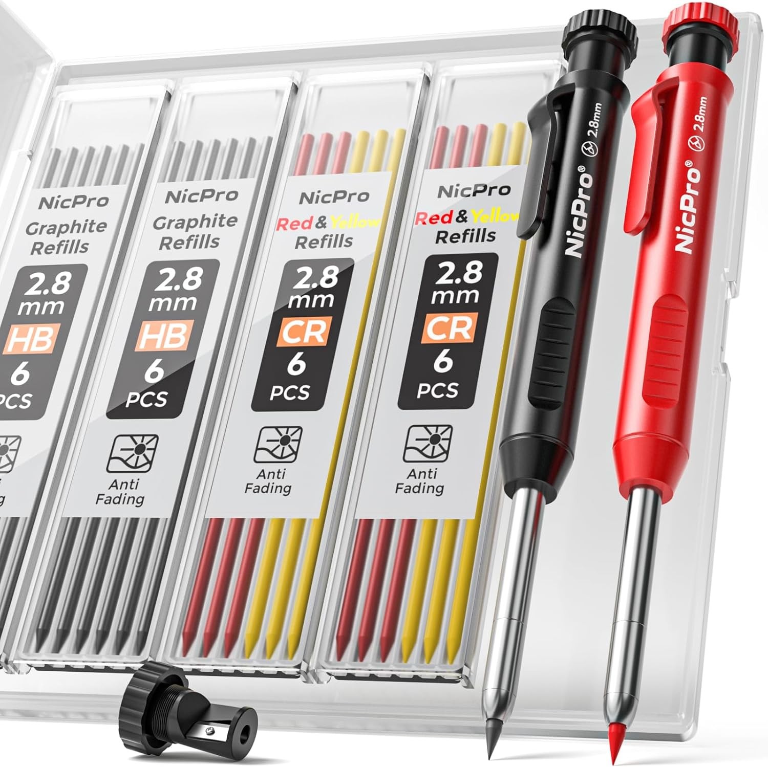 Nicpro Carpenter Pencil with Sharpener, Mechanical Pencils 2 Pack, Black,Red
