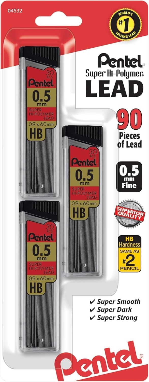 Super Hi-Polymer HB 0.5mm Lead Refills – Pack of 90 for Smooth Writing