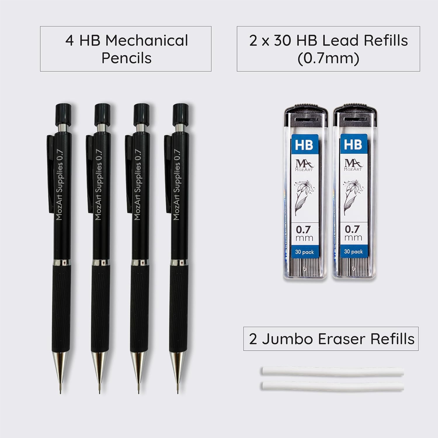 MozArt Mechanical Pencil 0.7mm Set 2×30 HB Lead & Eraser Pen Refills | Metal …