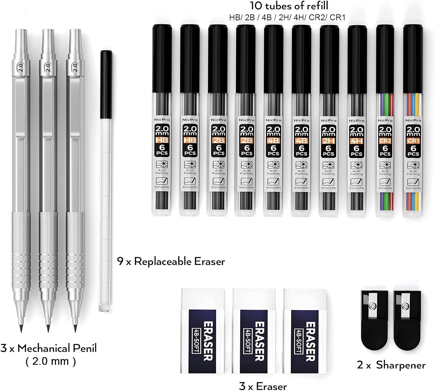 Durable Metal Mechanical Pencil Set for Artists with 10 Refill Leads & Case