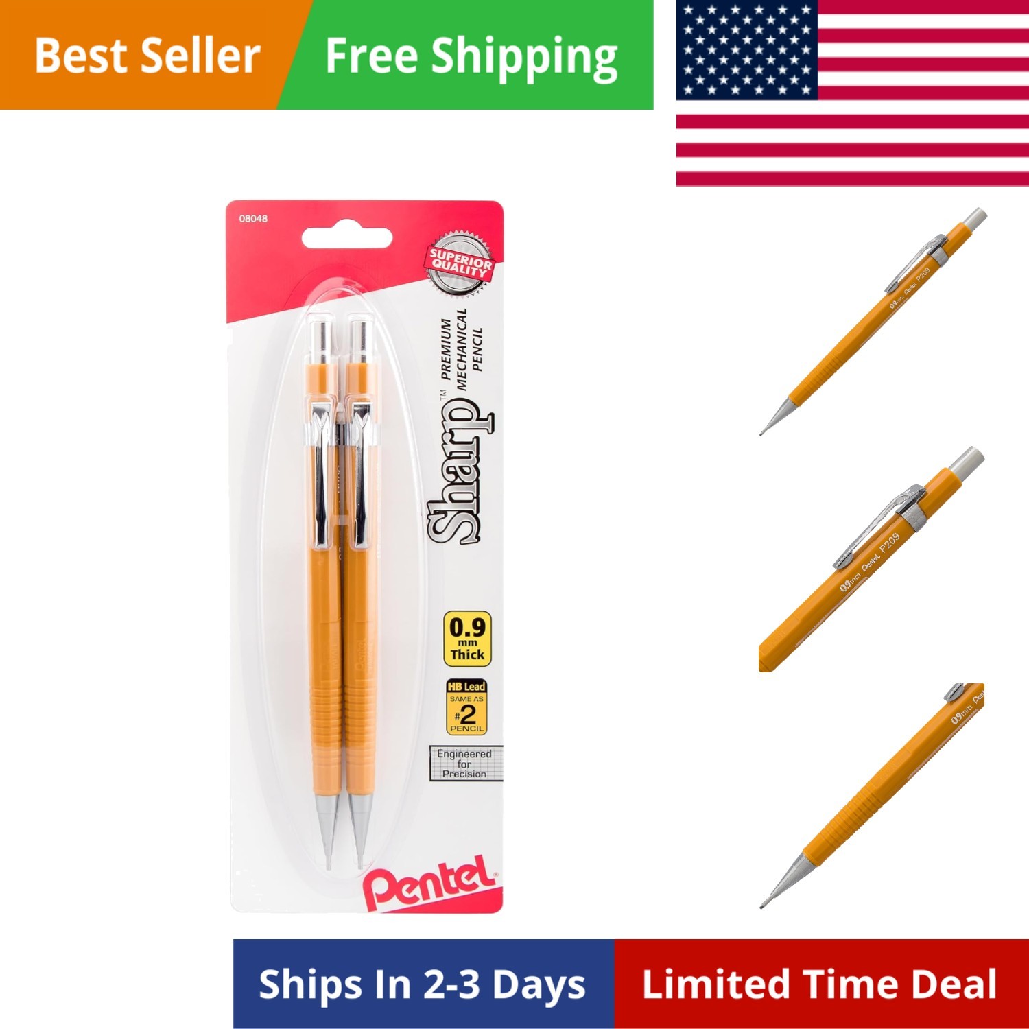 Sharp Mechanical Pencil, 0.9mm, Bold Line, Yellow Barrel, Pack of 2 P209BP2-K6