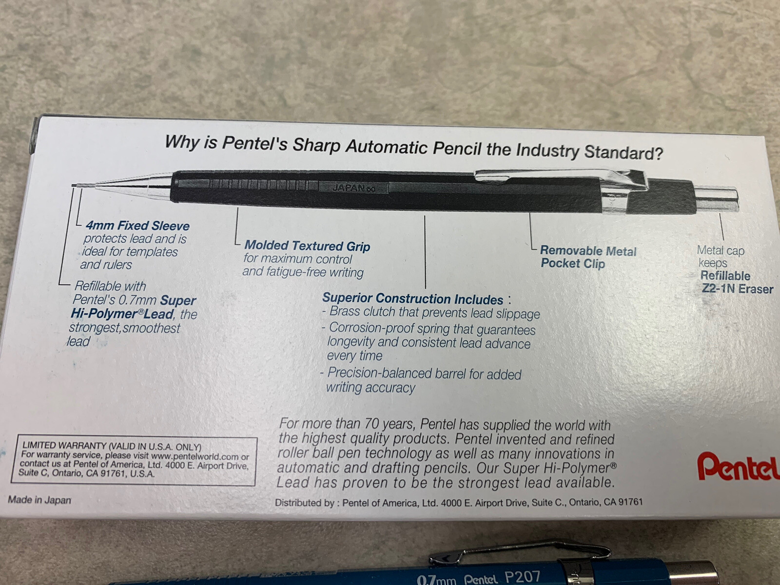 3 EACHS NEW P207 PENTEL .7MM MECHANICAL PENCILS W/POCKET CLIP