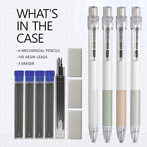 Mechanical Pencil Set 4PCS 0.5 Mechanical Pencils 100 HB Lead 3 Erasers for
