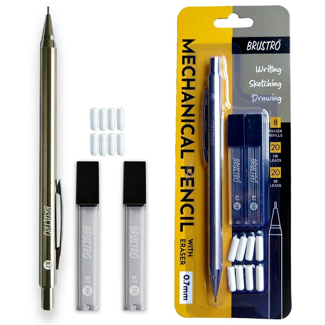 Mechanical Pencil Metal with Eraser 0.7mm Writing/Sketching/Drawing Spare lea…