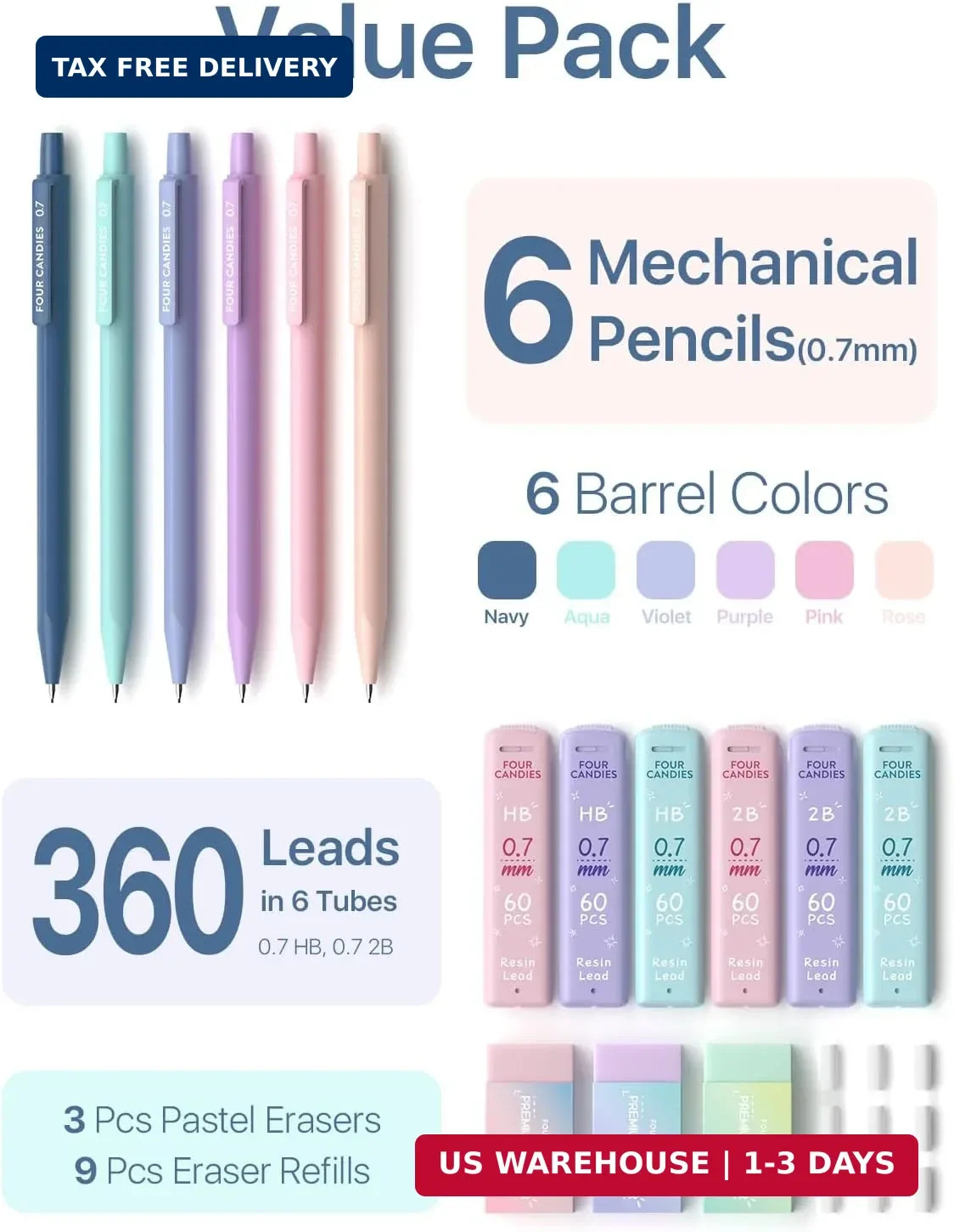 Four Candies 6PCS Cute Mechanical Pencil Set with 372 Leads & Erasers, 0.7mm Med