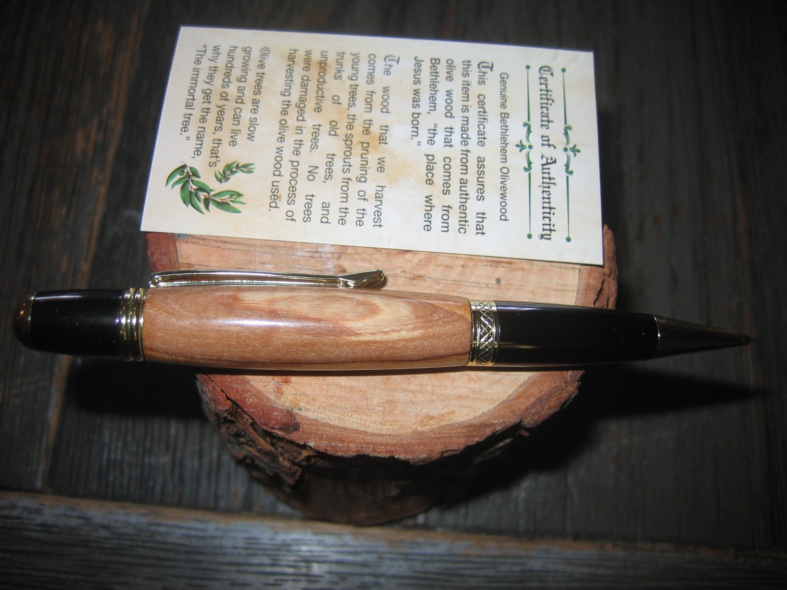 Gorgeous Handmade Gold Sierra twist Open Pencil in Certified Holyland Olivewood