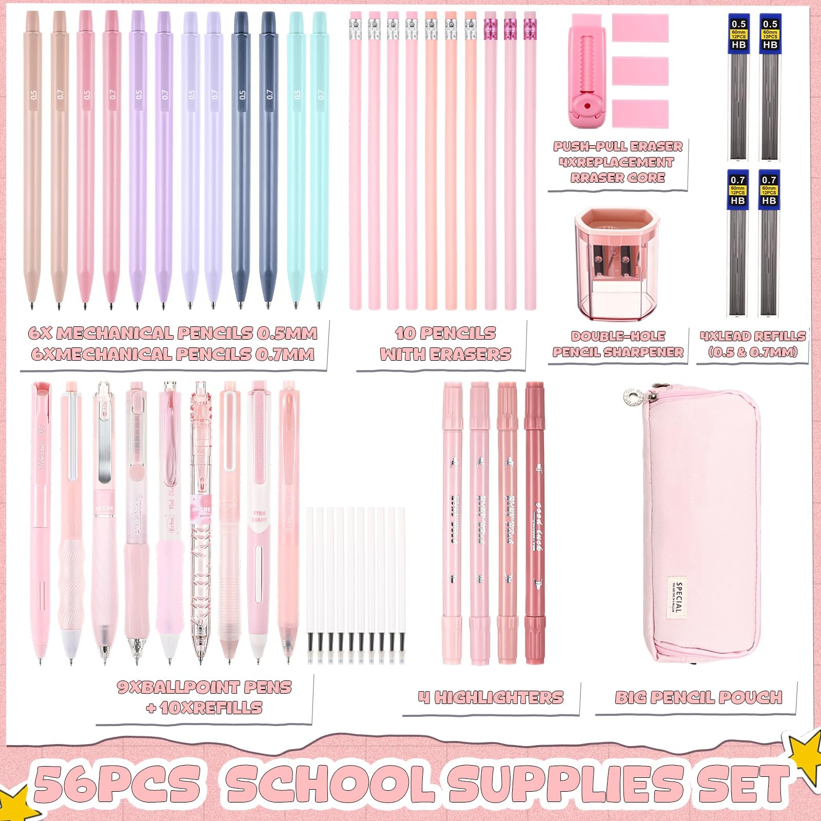 56 Pcs Aesthetic Supplies with Large Capacity Pencil Case Ballpoint Pens High…