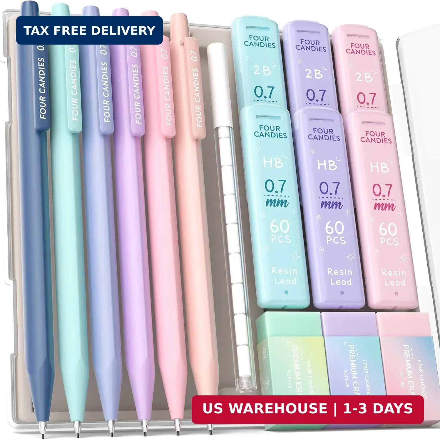 Four Candies 6PCS Cute Mechanical Pencil Set with 372 Leads & Erasers, 0.7mm Med