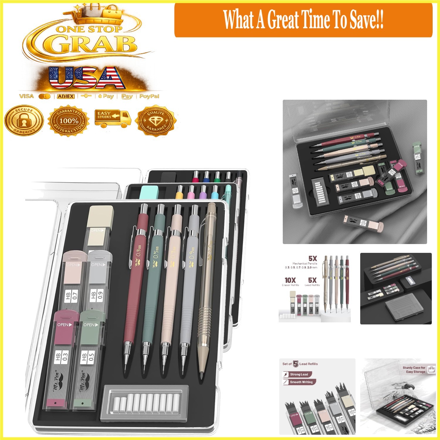 Vintage Mechanical Pencil Set 5 Sizes with Leads Erasers for Drawing & Drafting