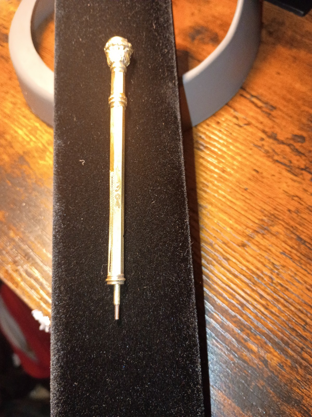 Gold Tone Retractable Mechanical Pencil with Red/Pink Gemstone Finial
