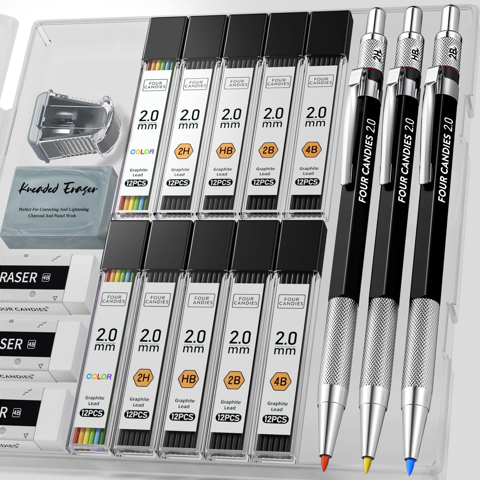 Four Candies 3-Piece 2Mm Mechanical Pencils With Case, Metal