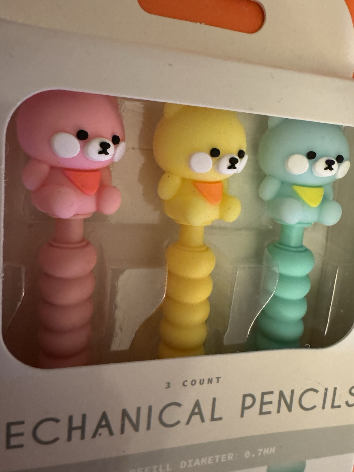 Mechanical Pencils 3 Count Pink Yellow Green Bears New In Box