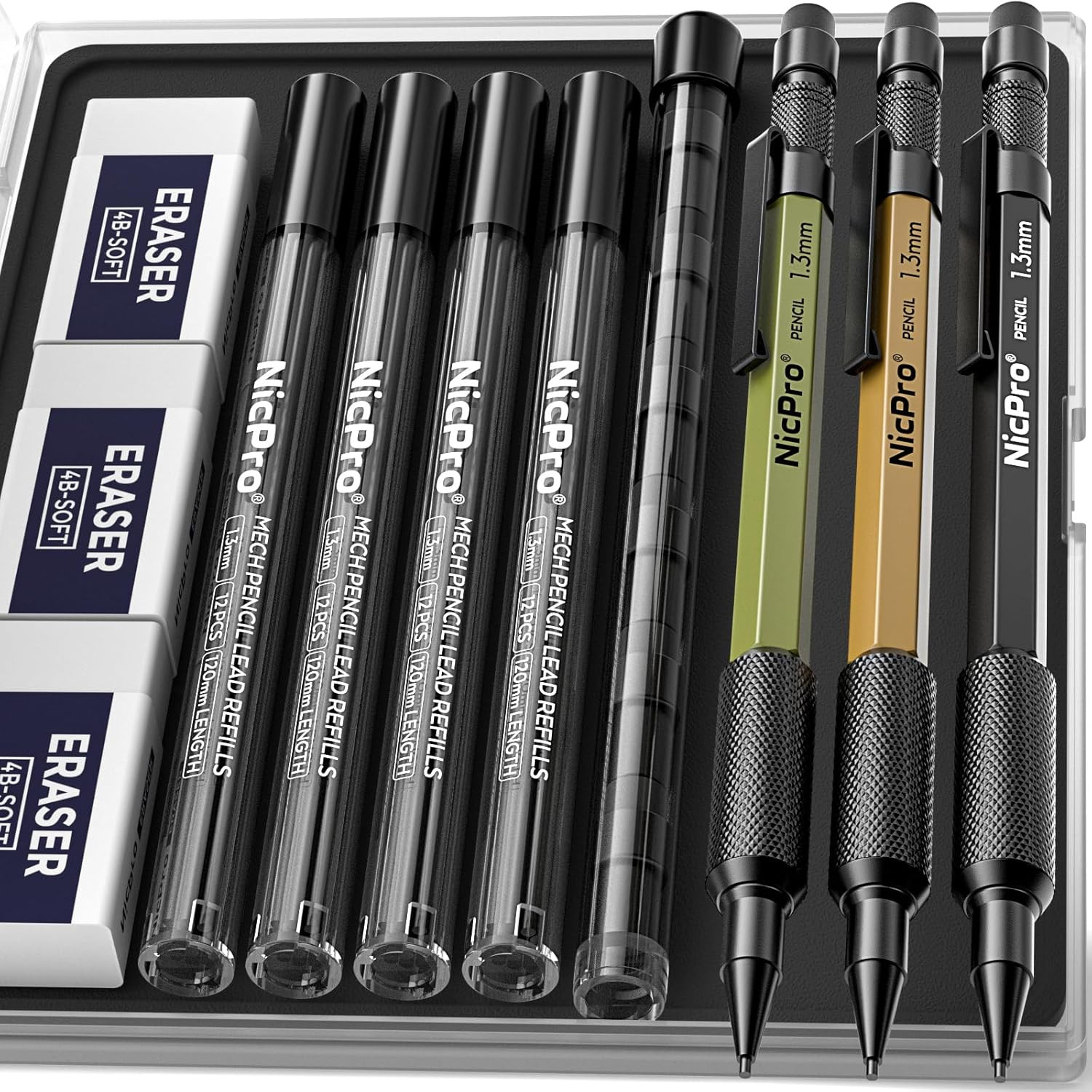 3 PCS 1.3 Mm Mechanical Pencil Set 3 Colors with 48 Lead Refill, 3