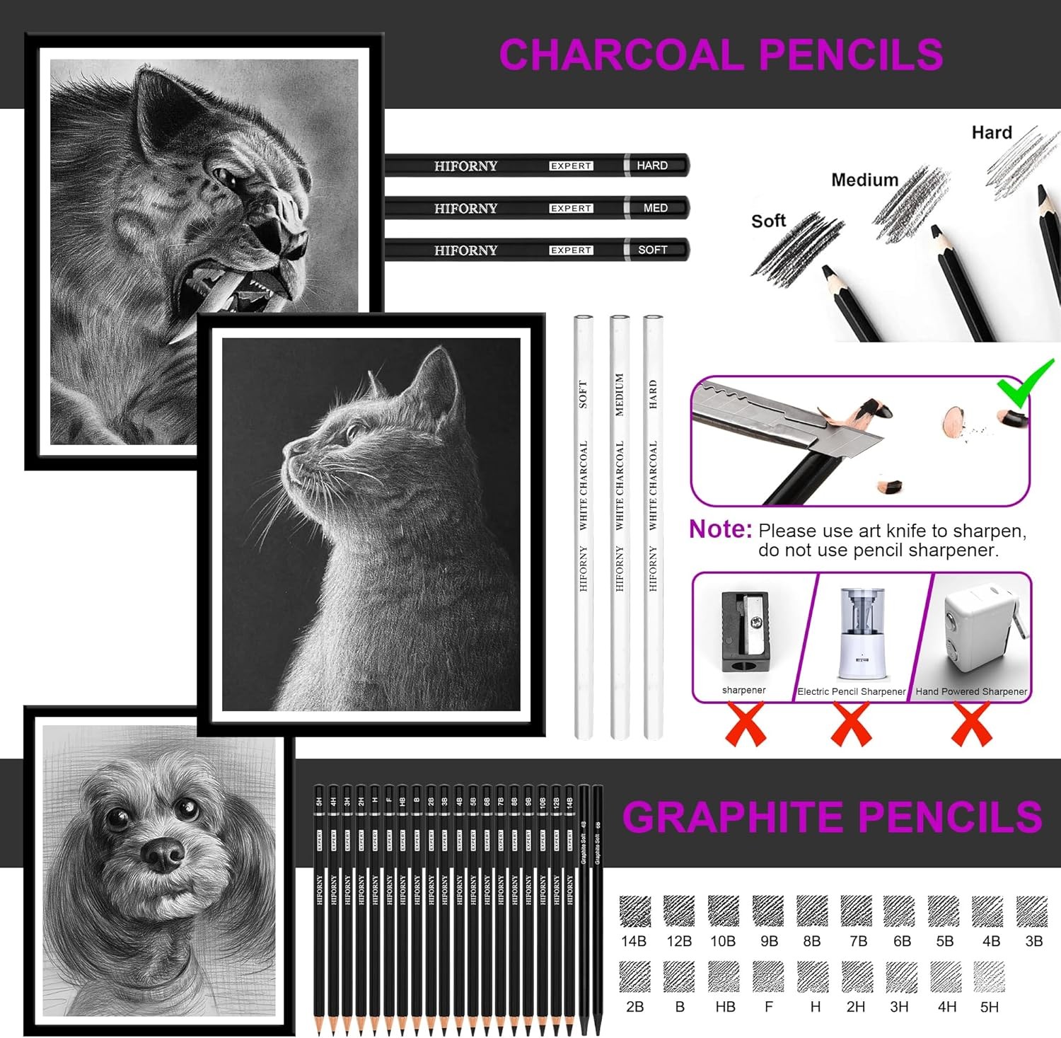 HIFORNY 70 Pcs Drawing Set Sketching Kit – Sketch Pencils Art Supplies Black