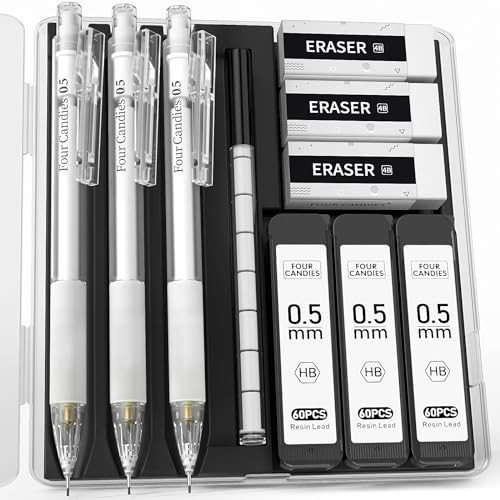 Cute Mechanical Pencil Set with Case – 3PCS Pencils 0.5mm with White-0.5MM
