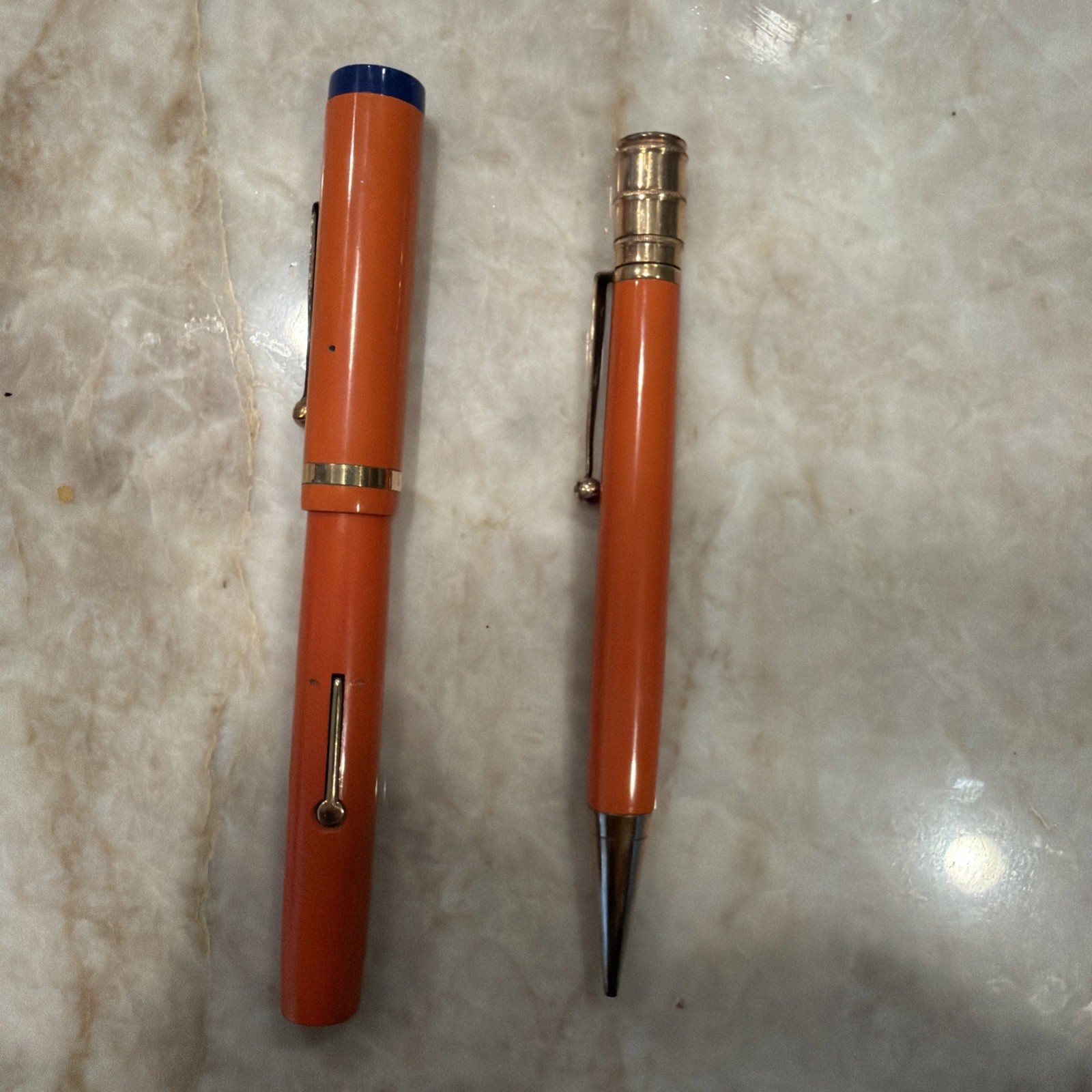 Gold Medal Vintage Red Orange Hard Rubber Pencil And Oversized Fountain Pen Set