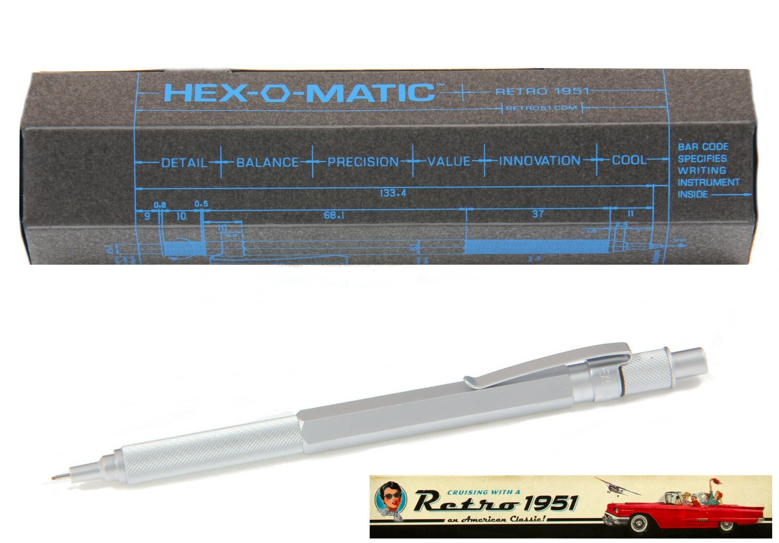 Retro 51 / Hex-o-matic Series Silver 7mm Lead Pencil #HEX-615P