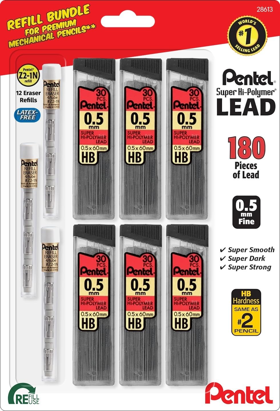 0.5mm Mechanical Pencil Lead Refill Pack – 180 HB Leads & 12 Latex-Free Erasers