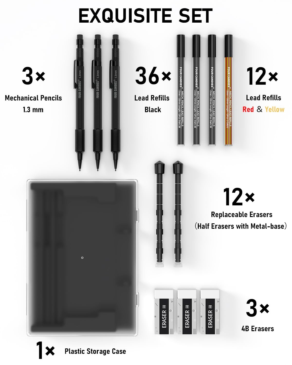 1.3mm Mechanical Pencil Set with 48 Lead Refill, 3PCS Metal Weatherproof Body…