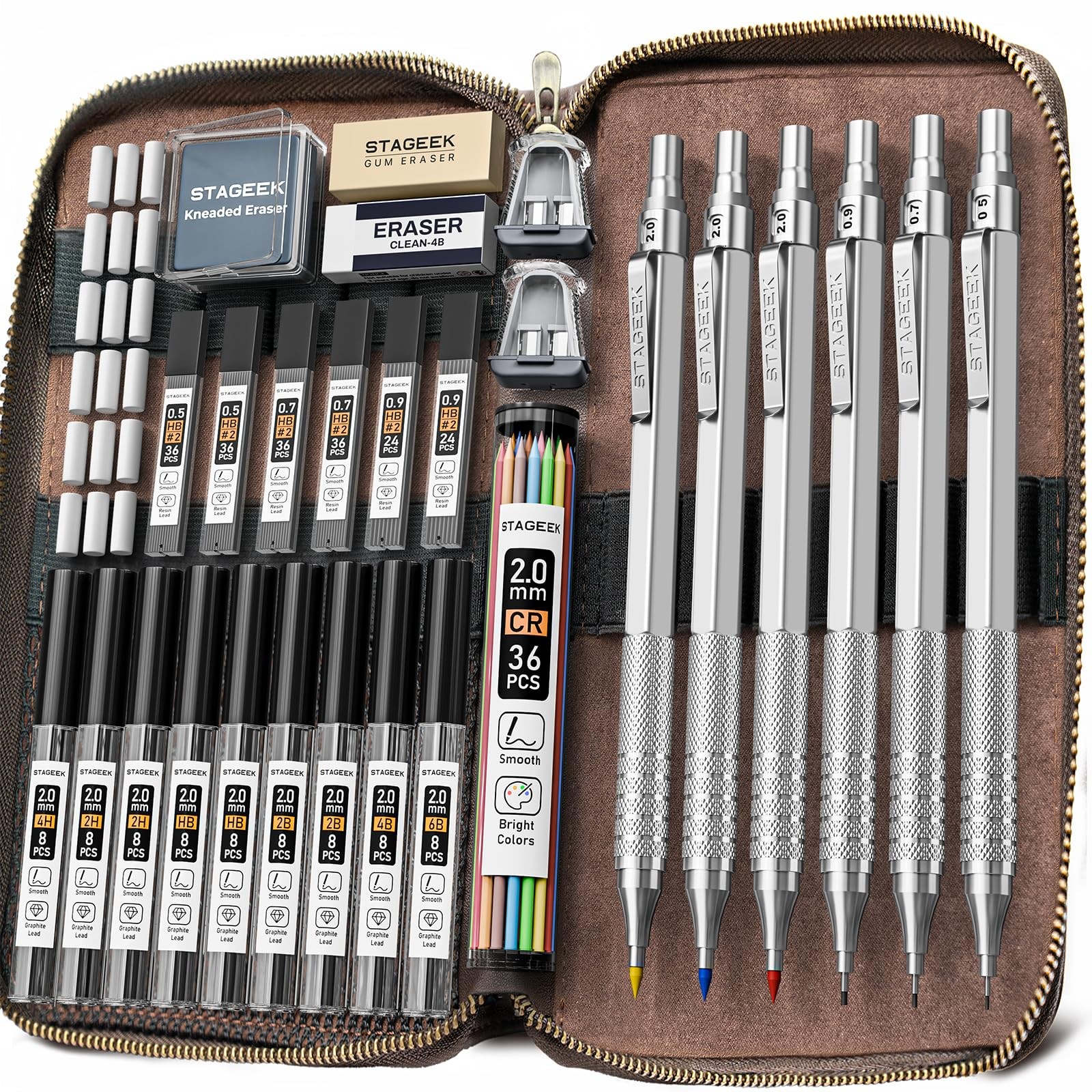 30PCS Silver Metal Mechanical Pencil Set in Leather Case, 0.5/0.7/0.9/2.0mm A…