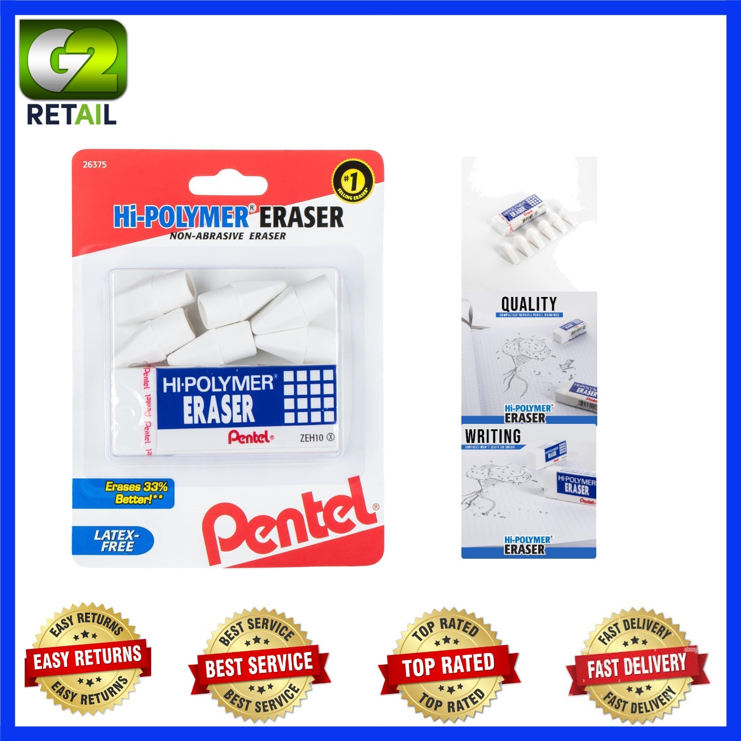 Ultimate Hi-Polymer Eraser Pack: 6 Pencil Caps & Large Block – Smudge Free