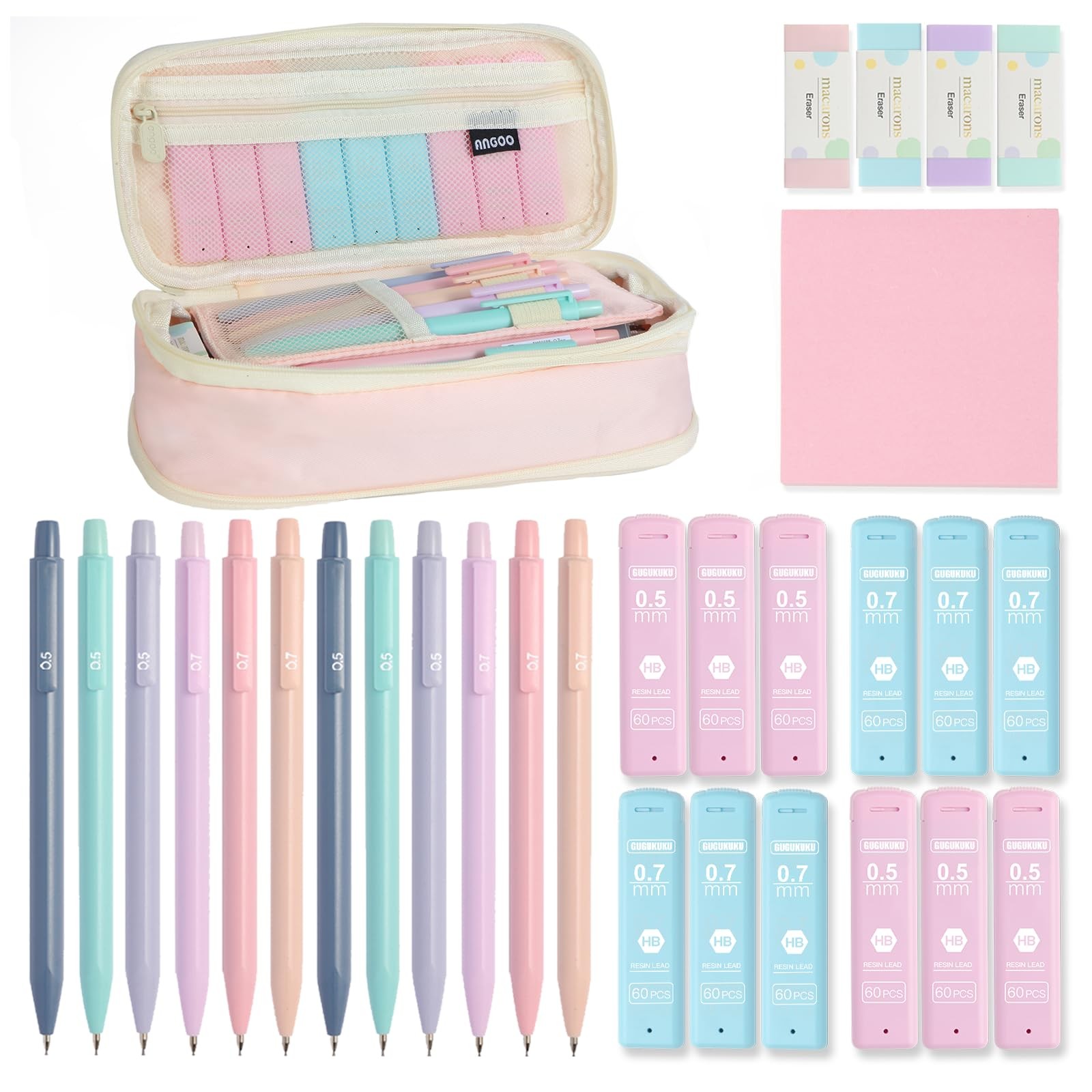 Aesthetic School Supplies Pink Mechanical Pencils HB Leads Erasers 12 PCS