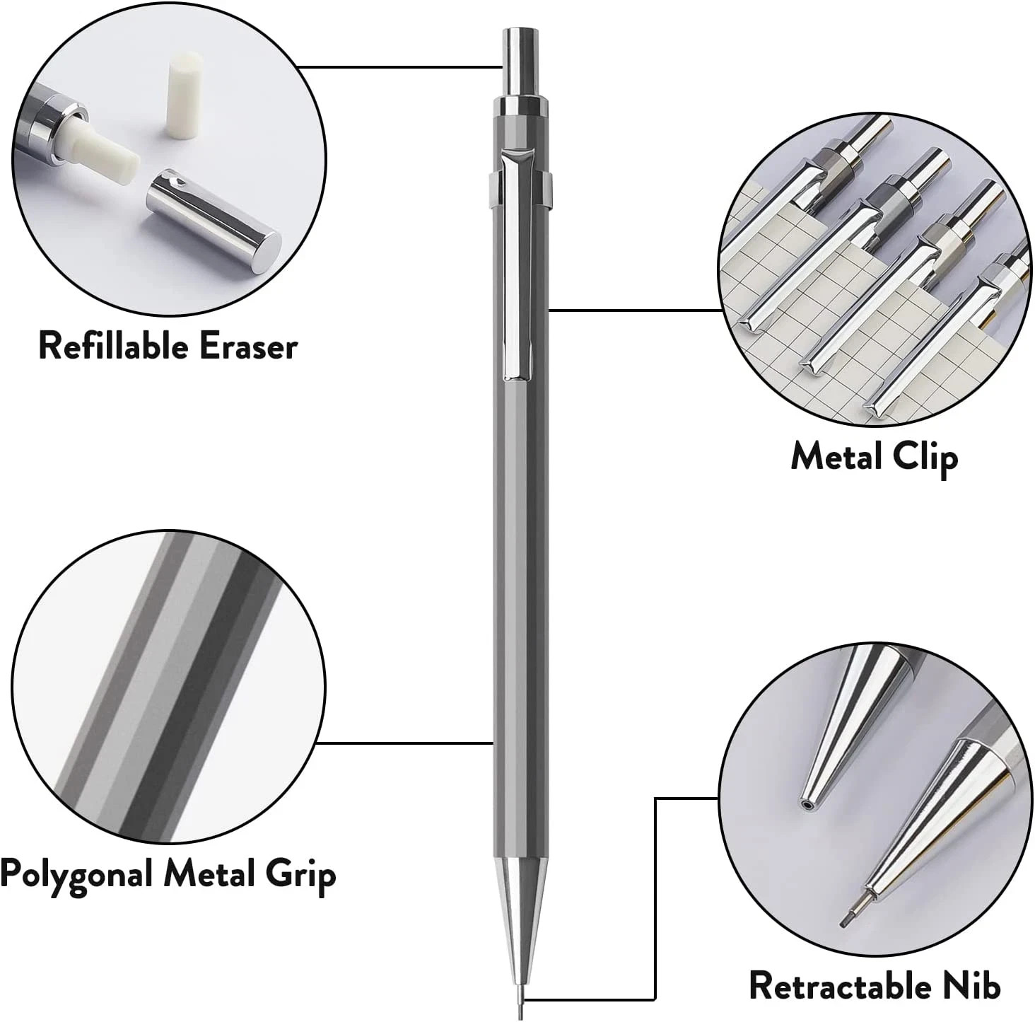 Four Candies 0.5Mm Mechanical Pencil Set with Case – 4PCS Metal Mechanical Penci