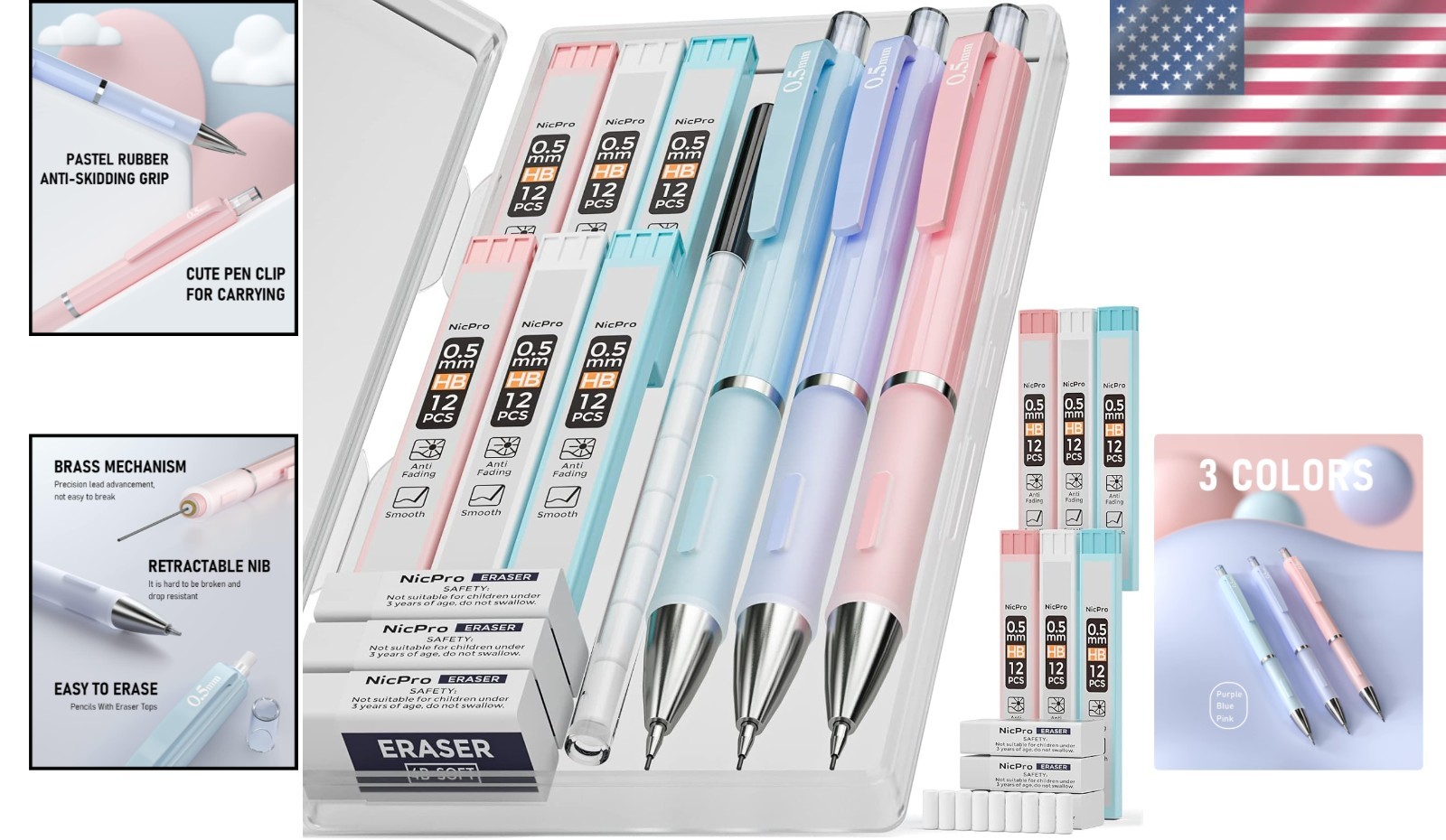Cute Pastel 0.5mm Mechanical Pencils with Erasers – Perfect for Sketching!